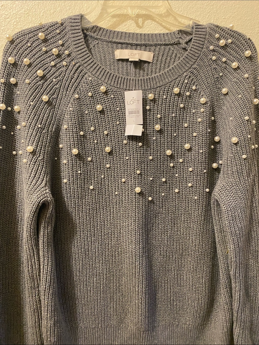 LOFT Light Gray Pearl-Embellished Crewneck Sweater